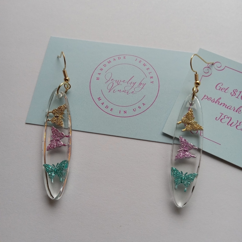 Hand Crafted Gold and Teal Butterfly Earrings
